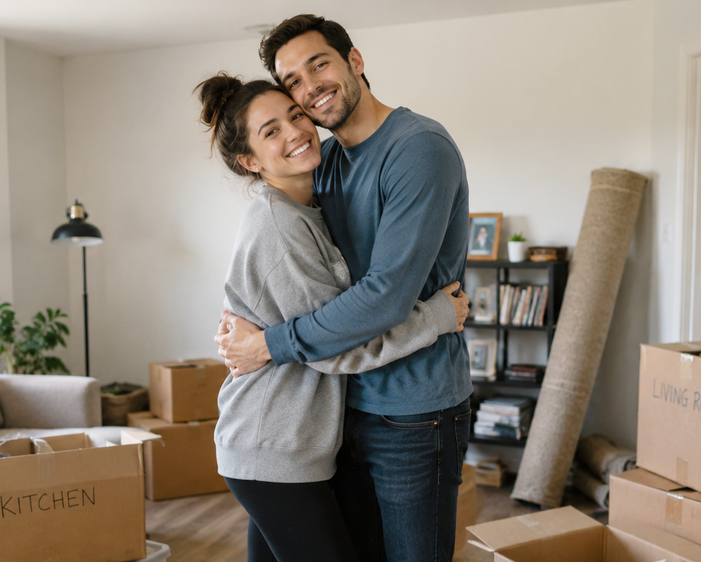 Happy couple hugging in their living room with moving boxes nearby after a home sale